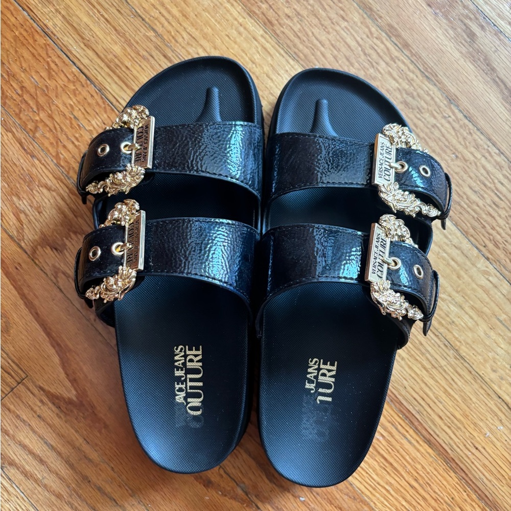 Versace Jeans Couture Black Slides with Gold Buckles